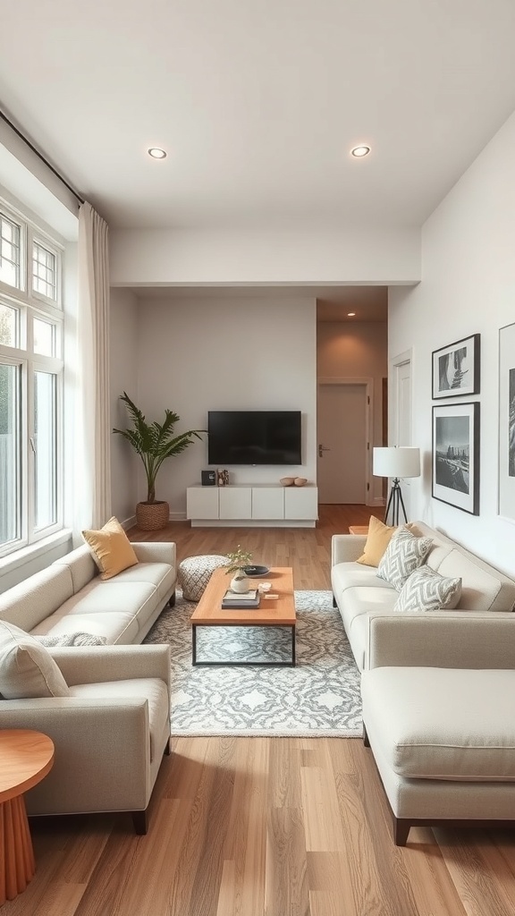 A narrow living room with two light-colored sofas facing each other, a coffee table in the center, and a plant in the corner.