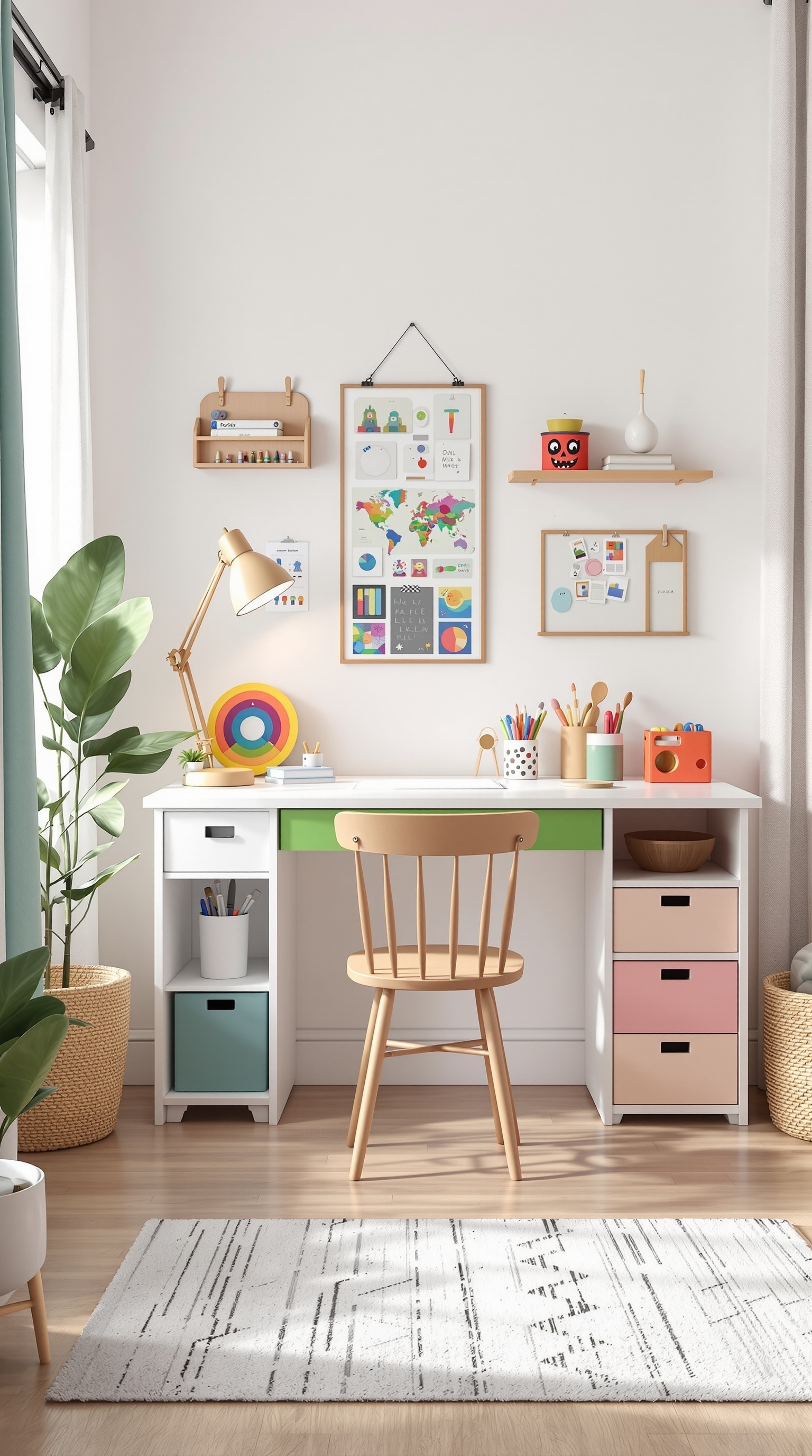 A colorful and organized kids study space with a desk, chair, and decorative items.