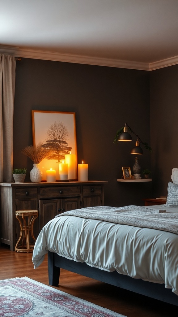 A rustic romantic bedroom with flickering candles on a dresser, creating a warm and inviting atmosphere.
