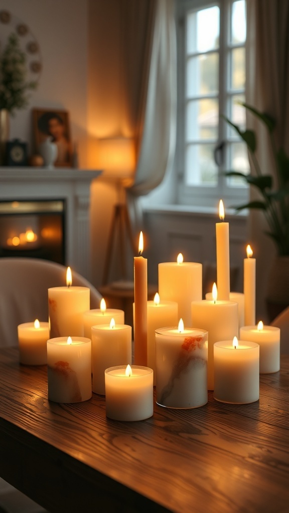 A collection of lit candles in various sizes on a wooden table, creating a warm and cozy atmosphere.