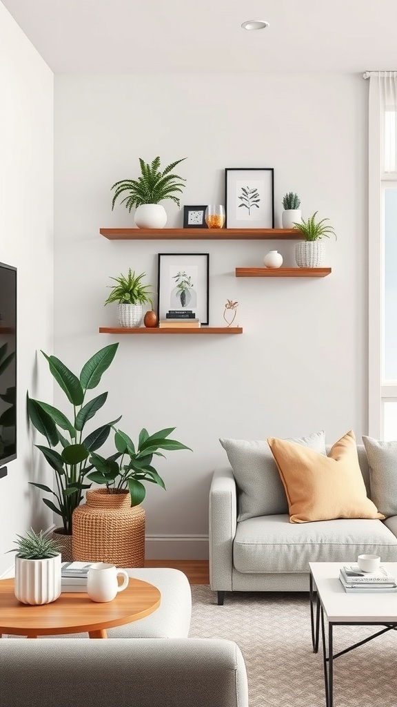 A cozy living room featuring floating corner shelves with plants and framed art.