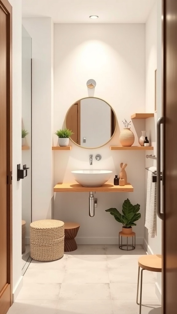 A narrow bathroom featuring floating sink and shelves, round mirror, and natural decor elements.