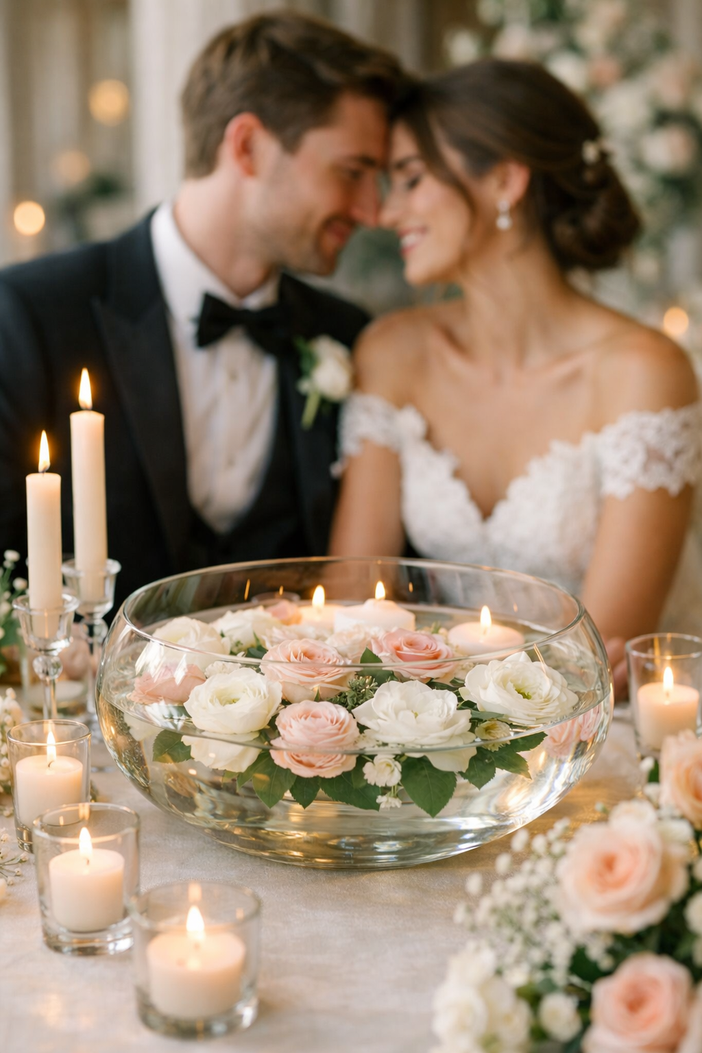Elegant wedding centerpiece with floating flowers and candles