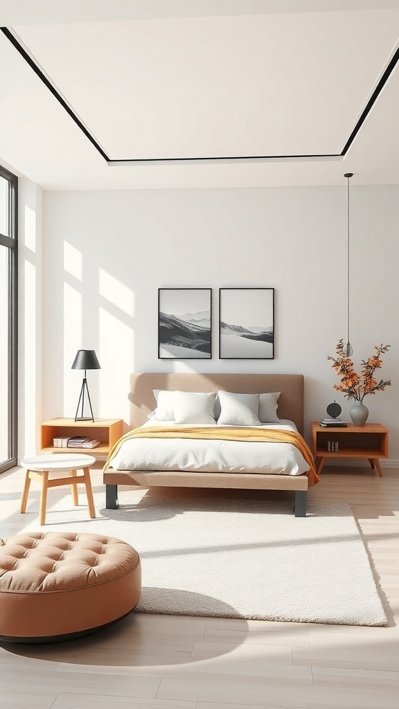 Modern bedroom with floating furniture, featuring a low bed, side tables, and a round ottoman in a bright, airy space.