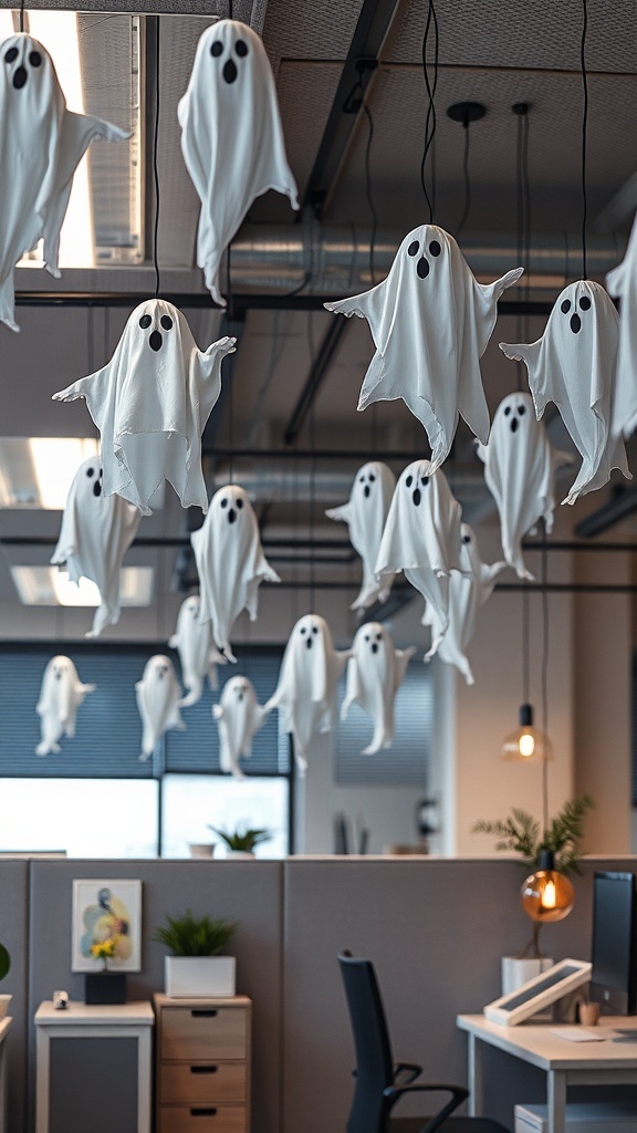 Cubicle decorated with floating ghost decorations for Halloween.