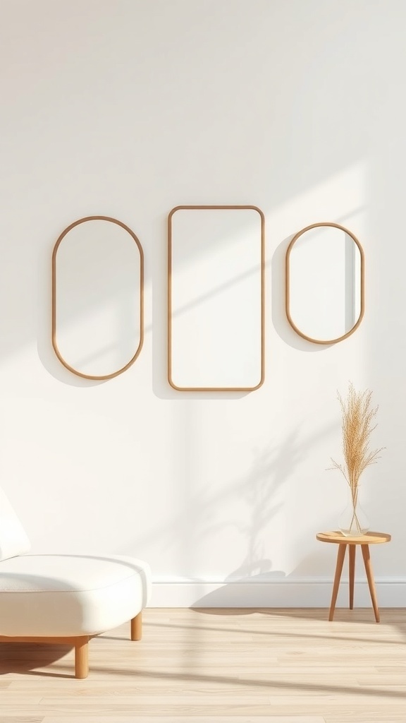 Three floating mirrors with wooden frames on a light wall, accompanied by a white chair and a small side table with a plant.