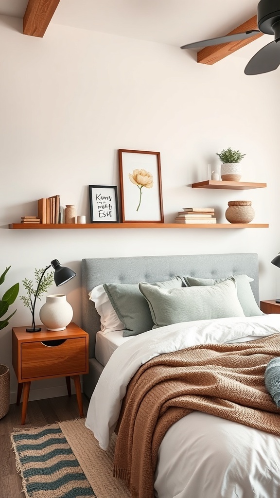 A cozy bedroom featuring floating nightstand shelves with books, a framed picture, and decorative items.