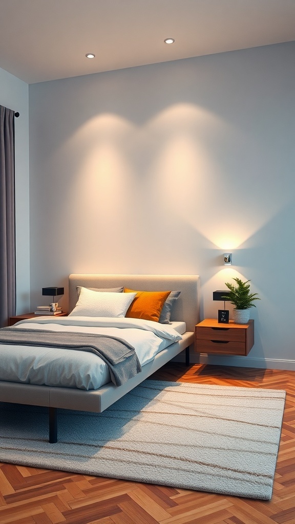 A modern bedroom featuring floating nightstands, a cozy bed, and warm lighting.