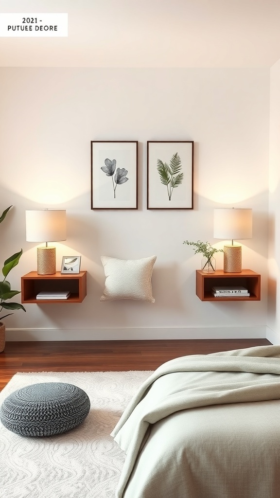 A minimalist bedroom with floating nightstands, lamps, and wall art.