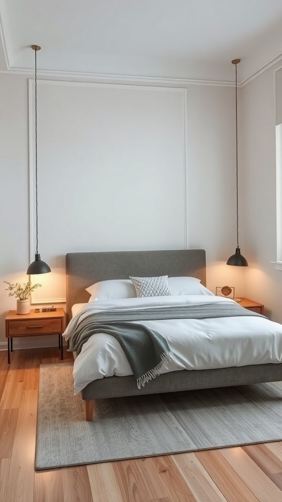 A cozy bedroom with floating nightstands, a bed with a gray headboard, and pendant lights.