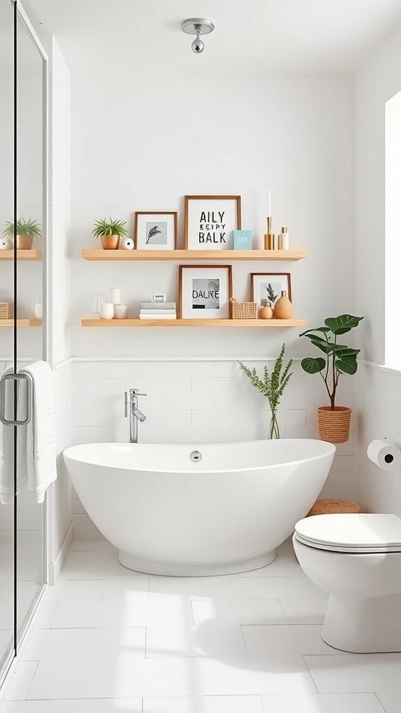 Modern bathroom featuring floating shelves with decorative items above a bathtub.