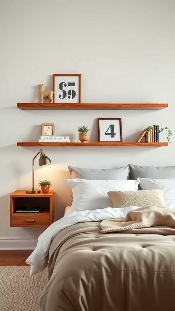 A cozy bedroom featuring floating shelves used as nightstands, displaying decorative items and a small lamp.