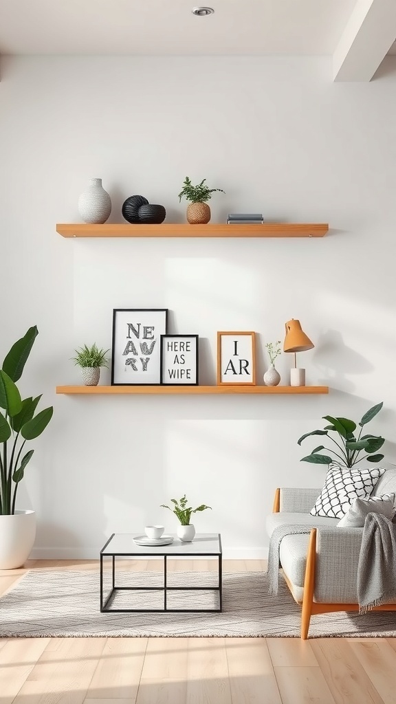 A modern living space featuring floating shelves with decorative items and plants.