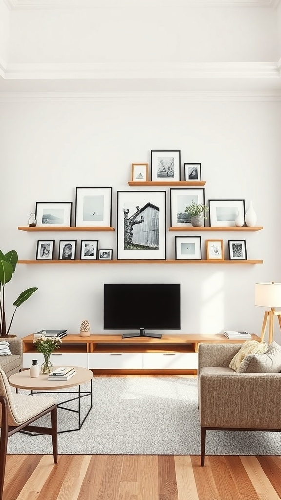 A cozy living room featuring a gallery wall with floating shelves displaying framed photos and art.