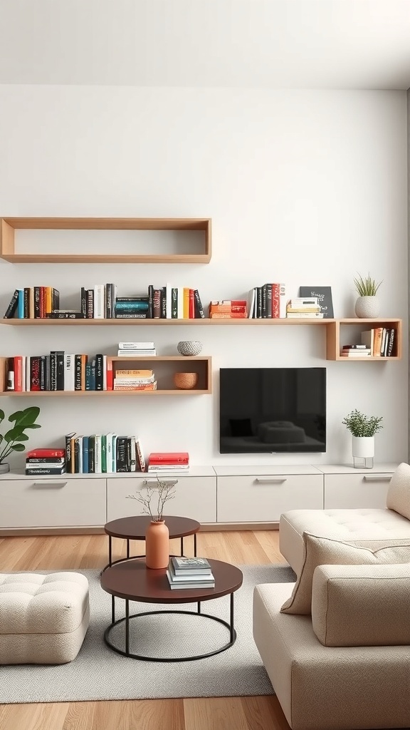 A modern living room featuring floating shelves with books and decorative items.