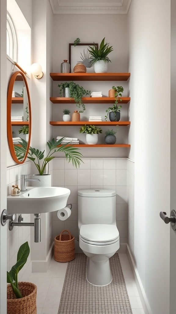 A small bathroom featuring floating shelves with plants and decorative items above a toilet.