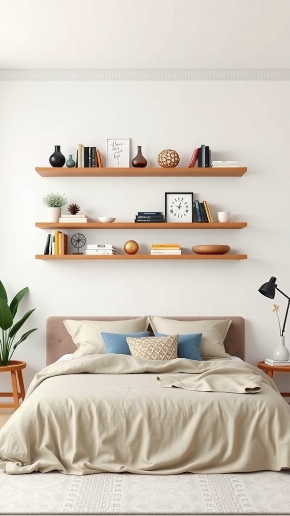 A cozy bedroom featuring floating shelves above the bed, displaying decorative items and books.