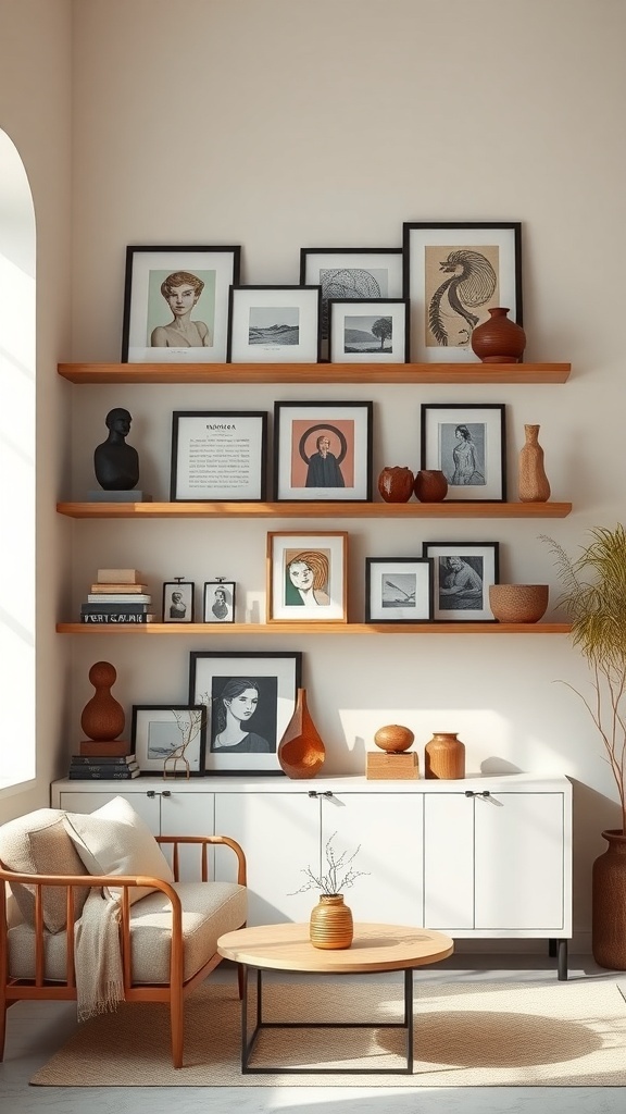 Floating shelves displaying various framed artworks and decorative items in a cozy room setting.