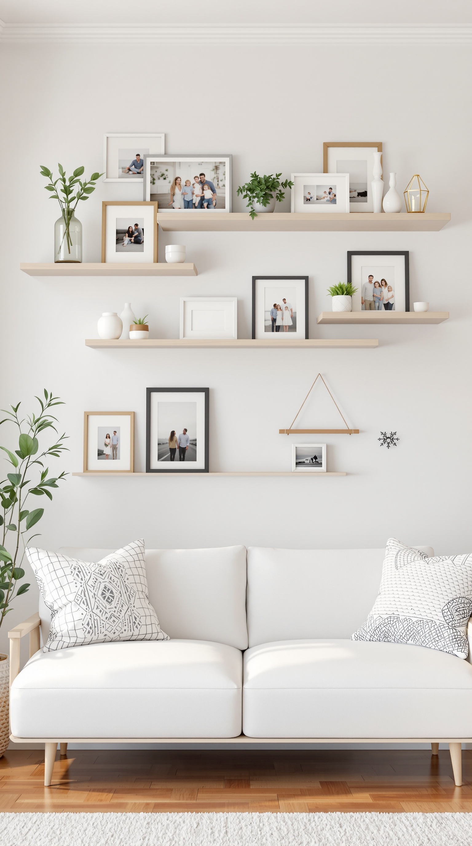 A modern living room with floating shelves displaying family photos and decorative items above a white couch.