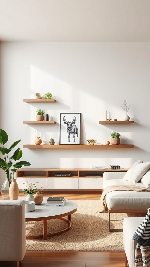 A minimalist living room featuring floating wooden shelves with plants and decorative items.