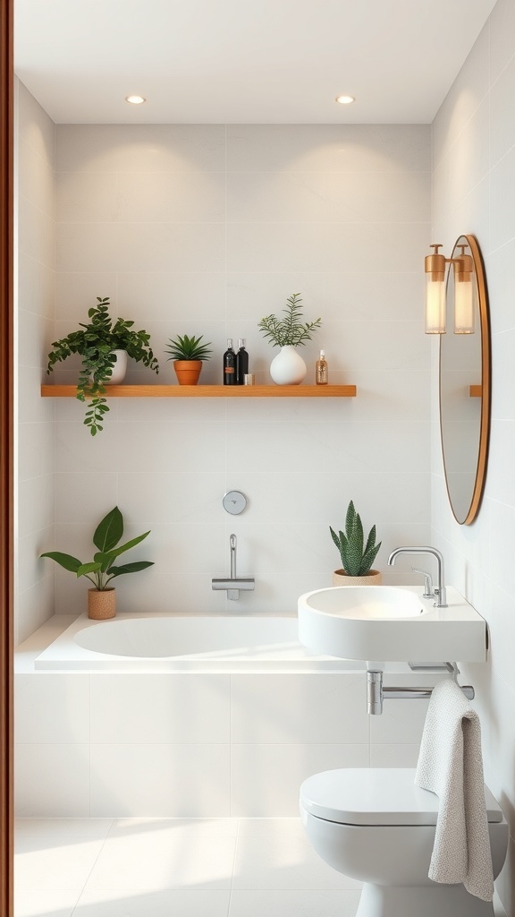 A minimalist bathroom featuring a floating wooden shelf with potted plants and stylish bottles.