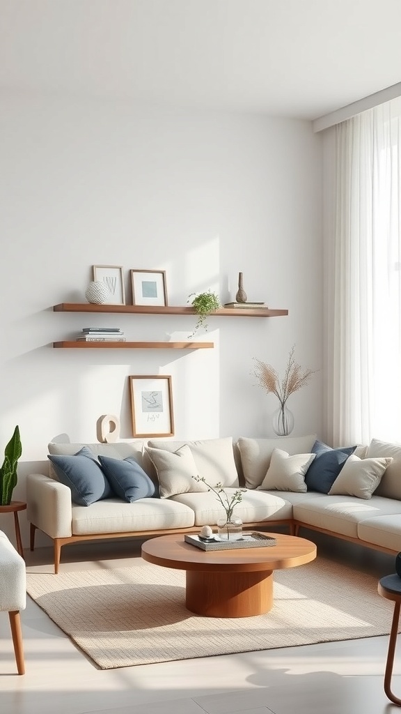 A minimalist living room featuring floating wooden shelves with decor.