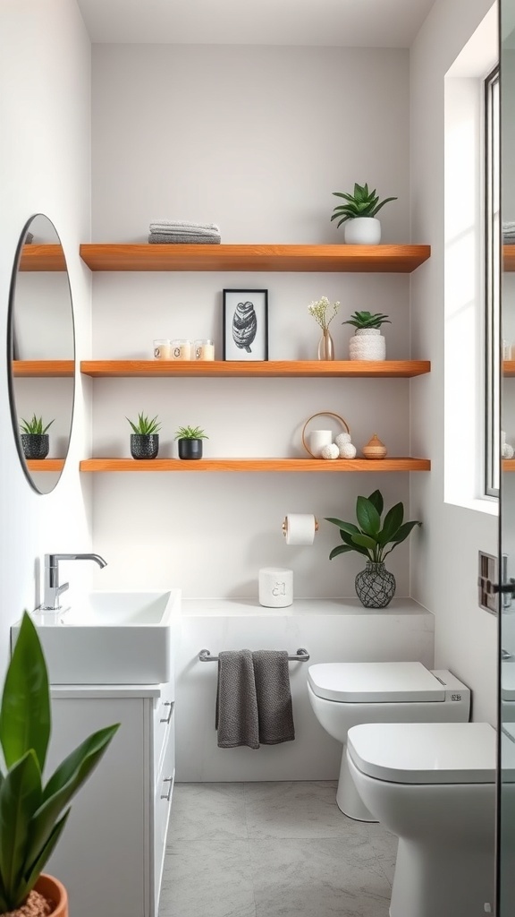 A modern bathroom featuring wooden floating shelves, potted plants, and decorative items.