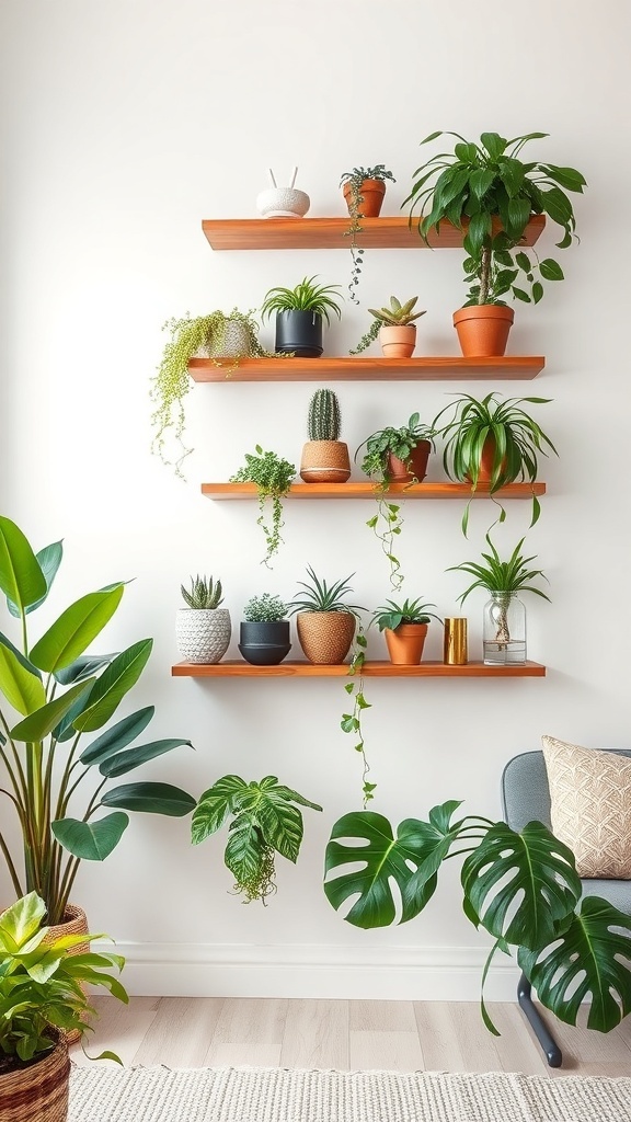 A wall with floating shelves displaying various plants in different pots, creating a lively and green atmosphere.