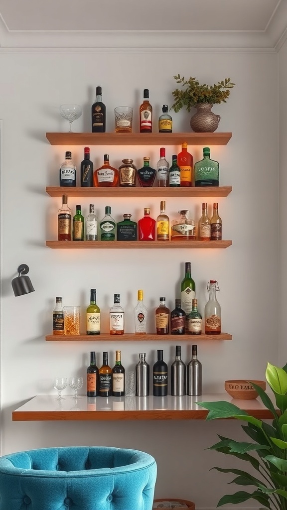 A stylish small bar with floating shelves displaying various spirits, illuminated for effect.