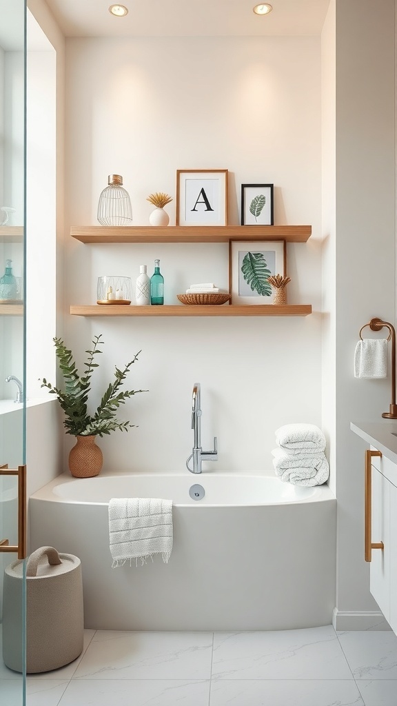 Stylish bathroom with floating wood shelves showcasing decorative items and green plants.