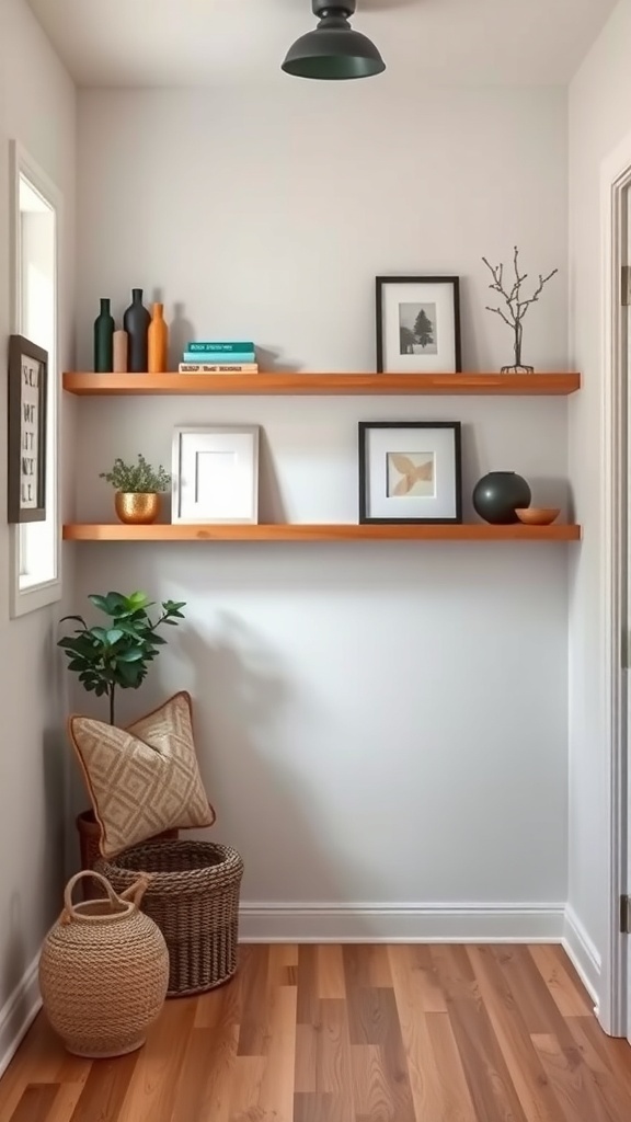 A stylish entryway featuring floating shelves with colorful bottles, books, framed art, and a small plant.