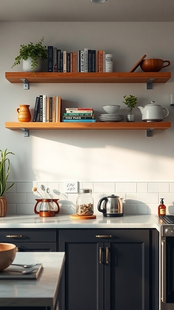 Floating wooden shelves in a kitchen displaying cookbooks and kitchenware.