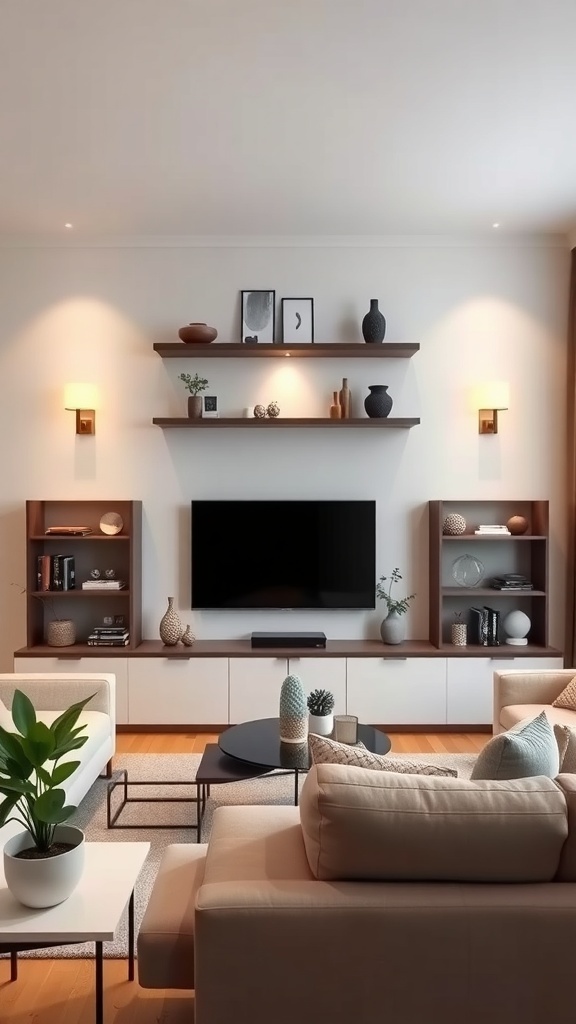 A modern living room featuring a mounted TV with floating shelves above, accented by warm lighting.