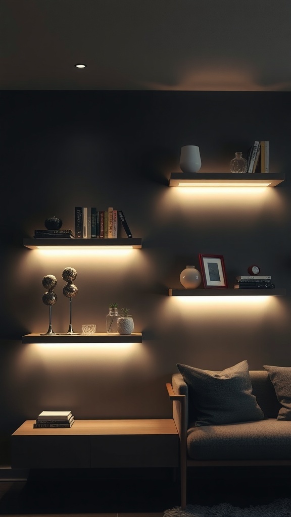 Floating shelves with built-in lighting displaying books and decorative items.
