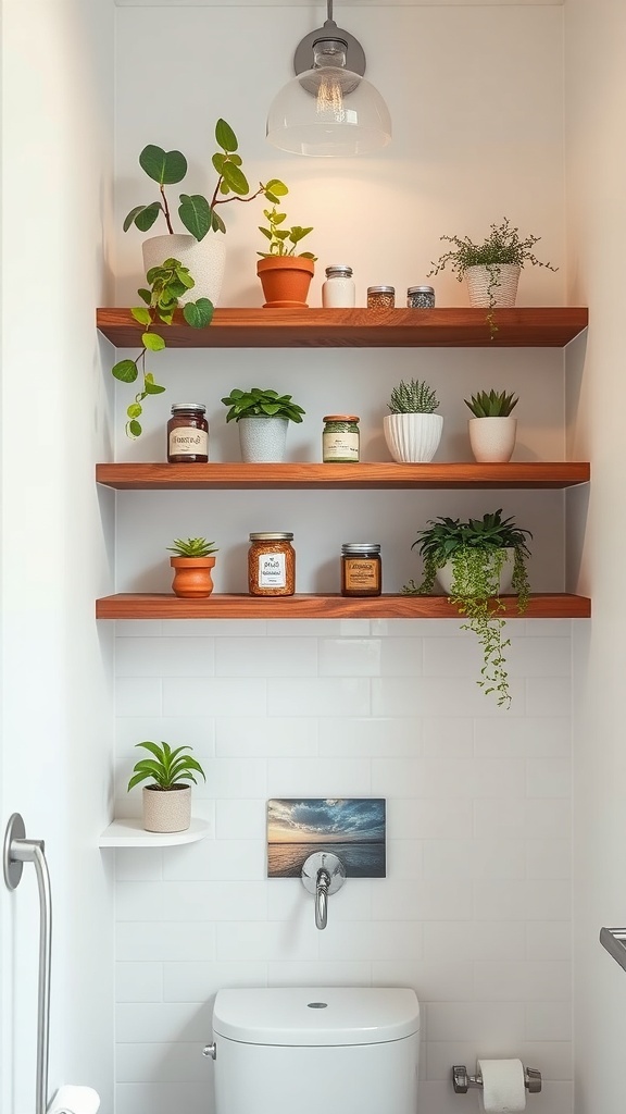 Floating wooden shelves in a small bathroom with plants and decorative jars
