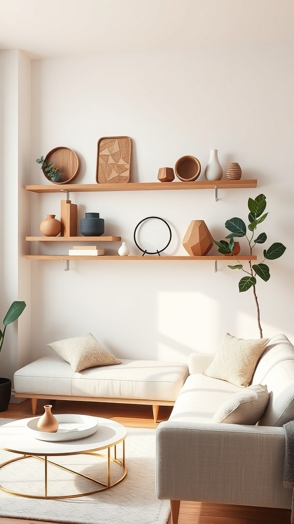 A cozy living room featuring floating shelves with unique shapes and designs, decorated with various vases and a plant.