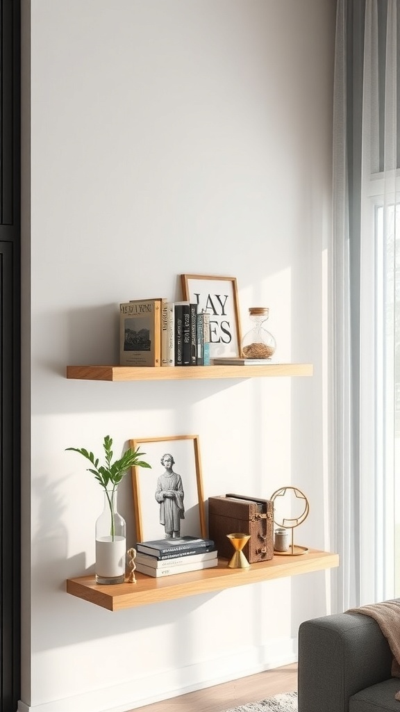 A stylish arrangement of floating small bookshelves displaying books, a plant, and decorative items.