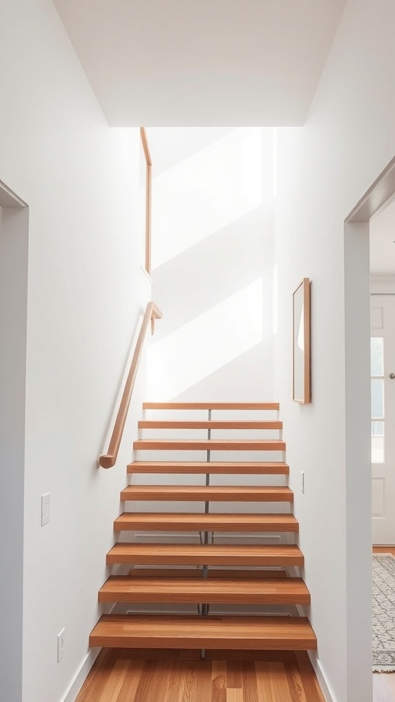 A narrow staircase with floating wooden treads and natural light
