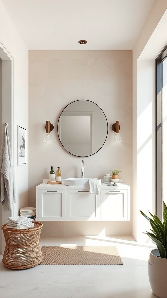 Modern bathroom with a floating vanity, round mirror, and natural light.