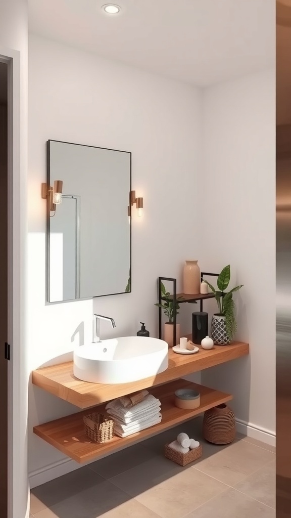 A modern bathroom featuring a floating vanity with a wooden shelf, round basin, and decorative plants.