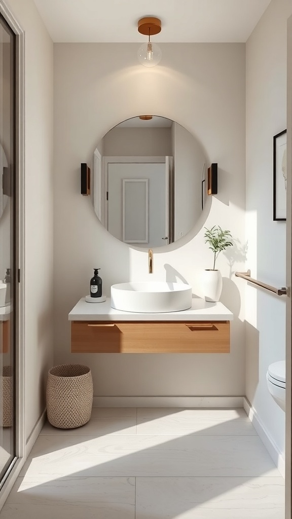 A modern floating vanity in a small powder room with a round mirror and natural light.