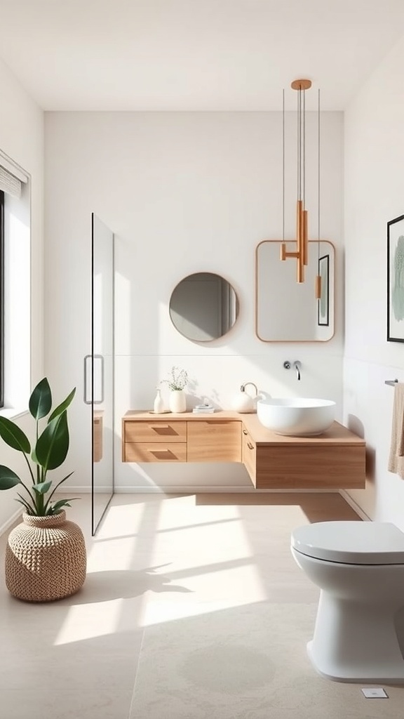 A minimalist bathroom featuring a floating wooden vanity with a round basin, a plant in a woven basket, and modern lighting.