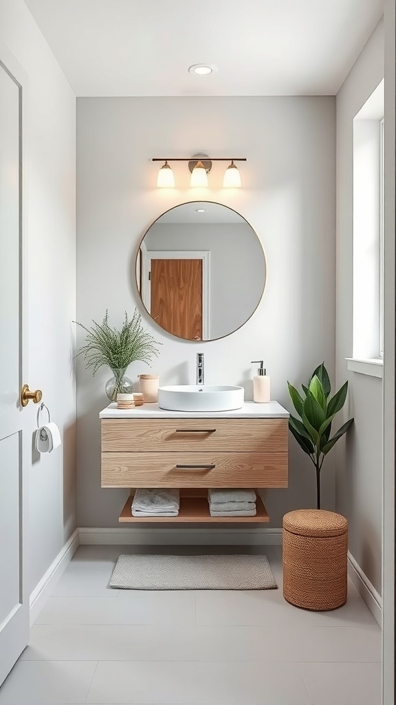A modern tiny bathroom featuring a floating vanity, round mirror, and plants.