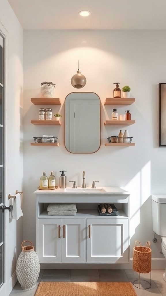 A modern bathroom featuring floating vanity shelves with decorative items and a clean design.