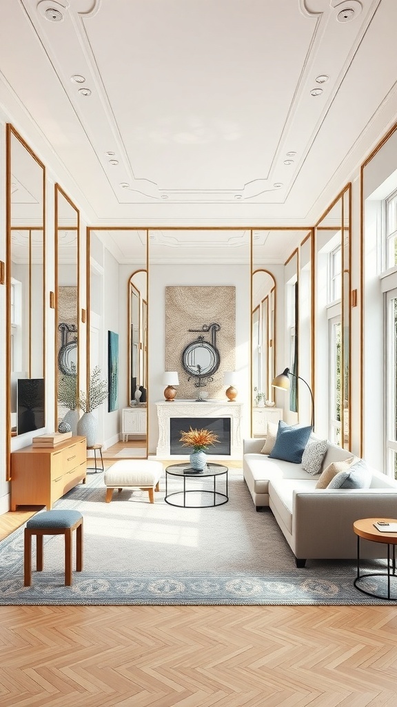 A modern living room featuring floor-to-ceiling mirrors, wooden furniture, and bright natural light.