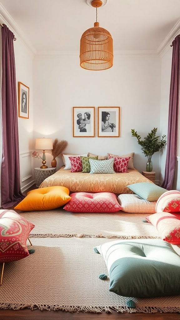 A cozy kids' bedroom with colorful floor cushions scattered around, creating a relaxed atmosphere.