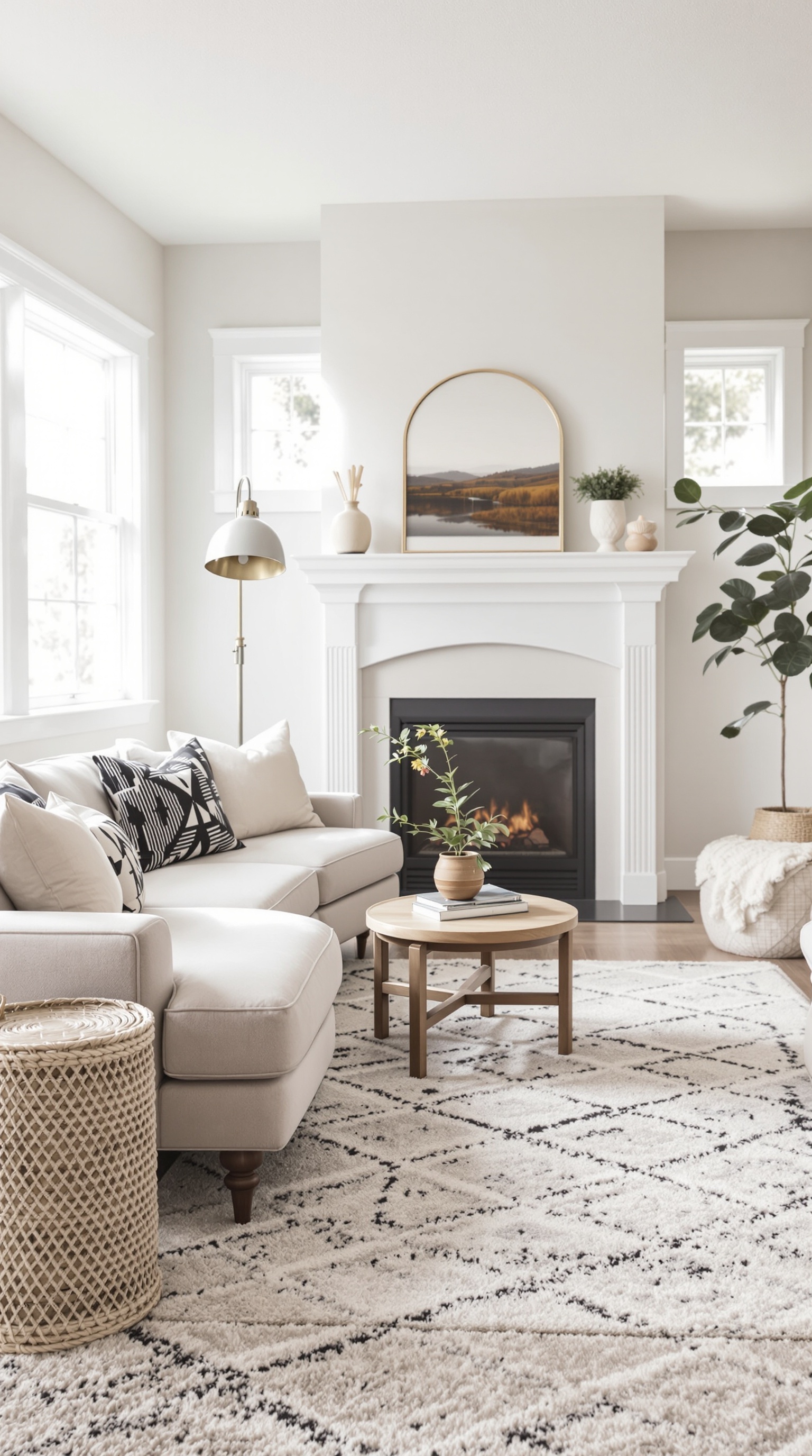 Cozy basement family room with a plush area rug, soft sofa, and warm lighting.