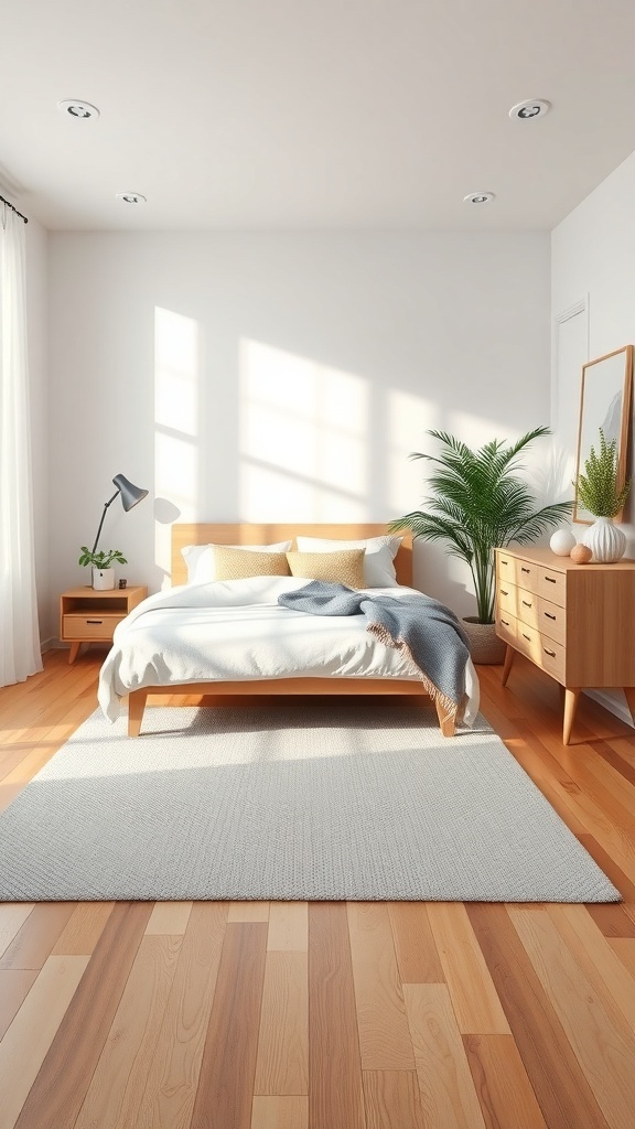 A minimalist bedroom featuring light hardwood flooring, a cozy area rug, and simple decor.