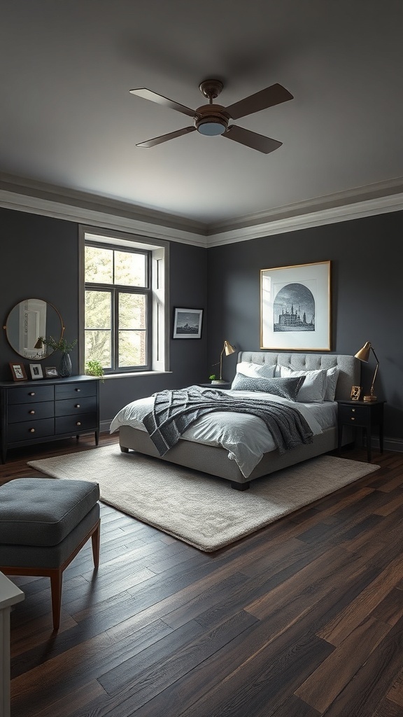 A stylish dark grey bedroom featuring dark wood flooring, a plush cream rug, and modern decor.