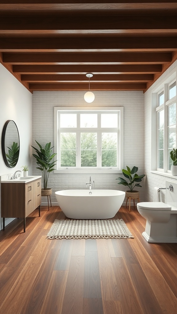 A modern and stylish basement bathroom with wood flooring, a freestanding tub, vanity, and well-lit windows.